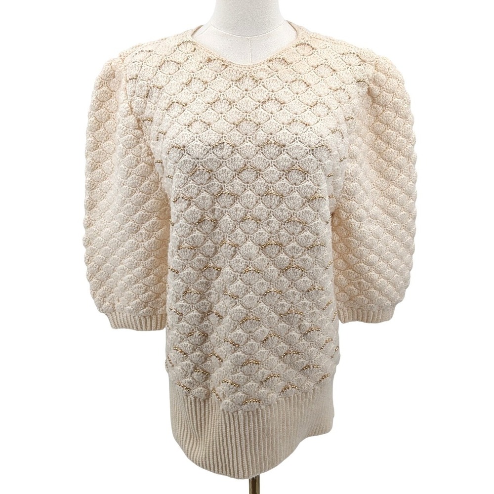 Handmade Crochet Sweater Cream Gold Beaded Puff Sleeve Textured Knit Women's M